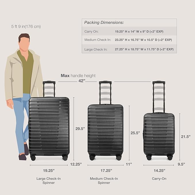 U.S. Traveler Boren Expandable Hardside Rugged Travel Luggage with 8 Spinner Wheels, Black, 3-Piece Set