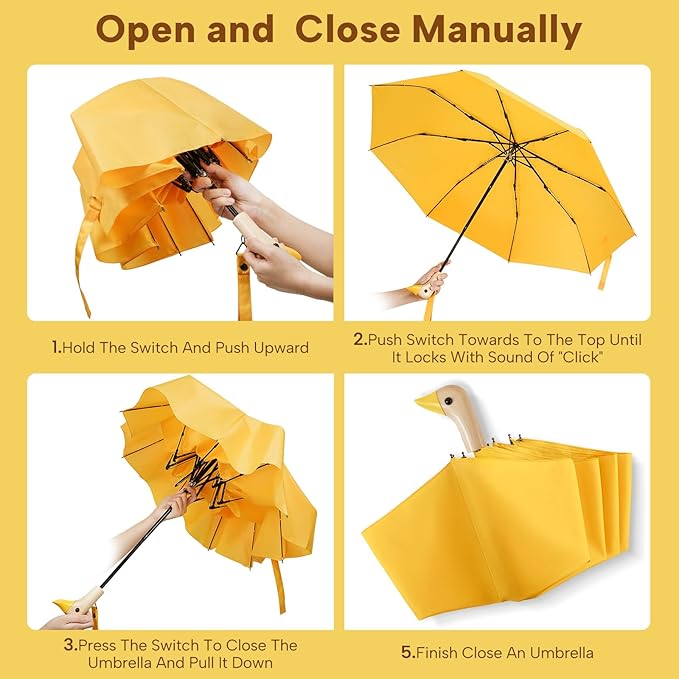 Compact Small Umbrellas for Rain&Sun, Cute Design Duck Head Umbrella for Girls Gifts, 8 Ribs Folding Umbrella with Wooden Handle