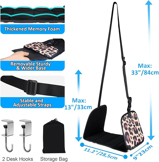 Airplane Foot Hammock, Office Footrest Airplane with 2 Hooks Long Flight Hammock Memory Foam Travel Foot Rest Plane Foot Sling Under Desk at Work Gaming Travel Essentials, Leopard Print