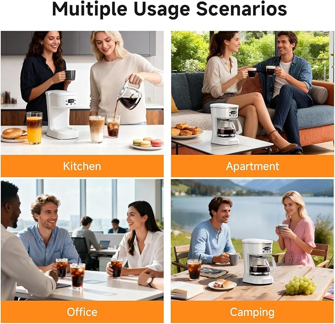 Coffee Maker, 5 Cup Drip Coffee Machine with Glass Carafe, 20 Hours Programmable Timer, 2 Hours Keep Warm, Compatible with Ground&Tea – Portable Small Cafetera for Home, Office, Travel&Camping-White