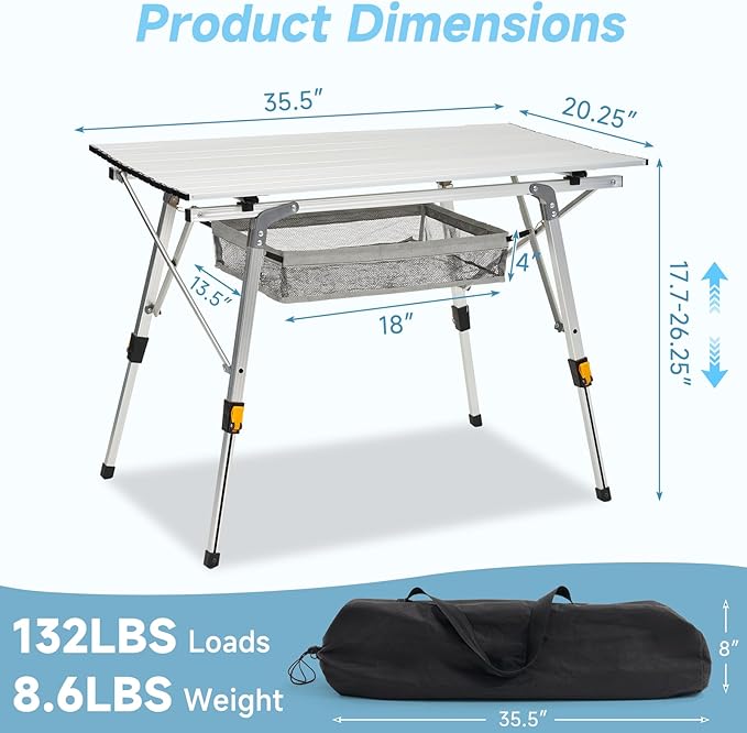 Camping Table Portable Foldable with Adjustable Legs, Aluminum Roll Up Table with Large Mesh Storage Layer & Carrying Bag, Lightweight Outdoor Picnic Table for Camping, Beach, BBQ, Backyard
