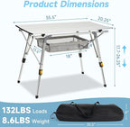 Camping Table Portable Foldable with Adjustable Legs, Aluminum Roll Up Table with Large Mesh Storage Layer & Carrying Bag, Lightweight Outdoor Picnic Table for Camping, Beach, BBQ, Backyard