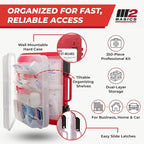 M2 BASICS 350 Piece First Aid Kit, Wall Mount Hard Case with Dual Layer Compartments for Workplace, Office, Warehouse, Home, Car