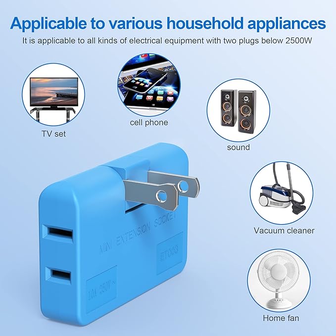 ETwinCoo 3 Way Flat Wall Outlet Extender AC Adapter - 2 Prong Flat Wall Plug, Adjustable Rotatable Mini Socket (Quick & Safe) Perfect for Home and Travel, Type A, Multiple Color (4 Pack)