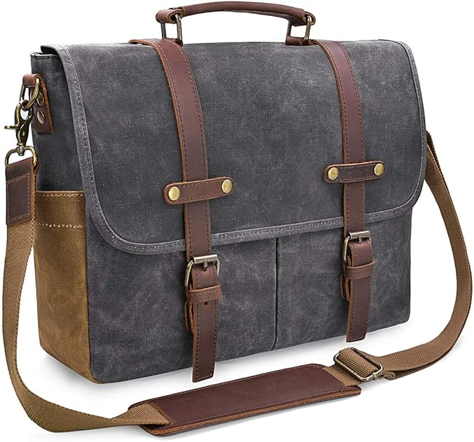 Mens Messenger Bag 15.6 Inch Waterproof Vintage Genuine Leather Waxed Canvas Briefcase Large Satchel Shoulder Bag Rugged Leather Computer Laptop Bag, Grey