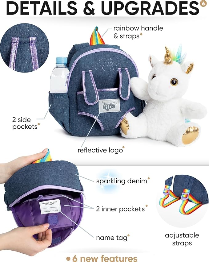 Naturally KIDS 【Upgraded】 Toddler Backpack w Removable Unicorn Toy for Girls Age 2-6 | Side & Inner Pockets, Reflective Logo, Name Tag, Sparkly Denim | Cute Christmas Gifts