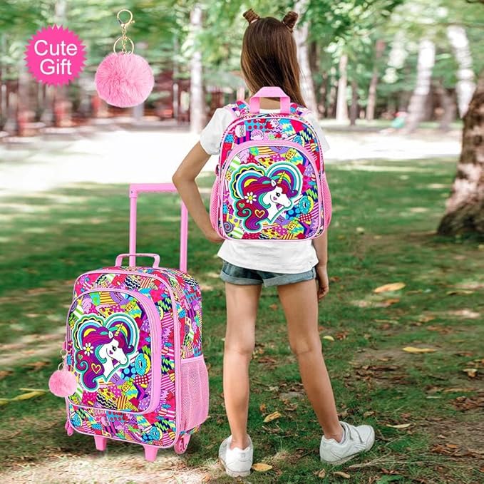 2Pcs Kids Luggage Set, Girls Carry on Rolling Suitcase with Wheels, Unicorn Sequin Travel Suitcases with Toddler Backpack(Purple)