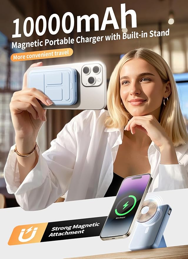 Magnetic Portable Charger, 10000mAh Wireless Power Bank with 20W USB-C Fast Charging, Foldable Stand & LED Display Magnetic Battery Pack, Compatible with iPhone 17/16/15/14, Sky Blue