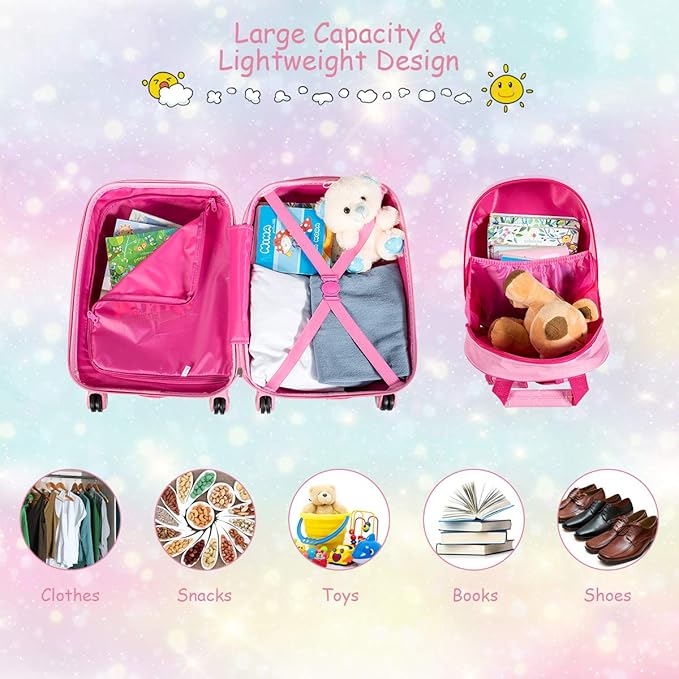 GYMAX 2Pc Kid Carry On Luggage Set, 12" & 18" Kids Suitcase with 4 Spinner Wheels, Travel Rolling Trolley