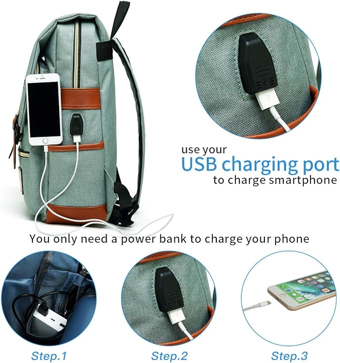 Mancio Vintage Laptop Backpack with USB Charging Port, Slim Tear Resistant Business Backpack for Travelling, College, Casual Daypacks for Men,Women, Fits up to 15.6Inch Notebook, Green