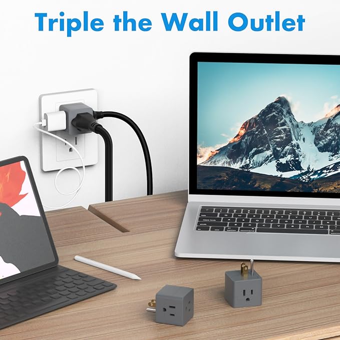 POWERCORDS 3 Power Blocks Outlet Splitter, 3 Pack, Grounded Wall Tap, 3-Prong Plug Adapter AC Multi Plug Wall Outlet, Power Splitter, Cruise Essentials, for Home Office School Dorm, UL Listed,Grey
