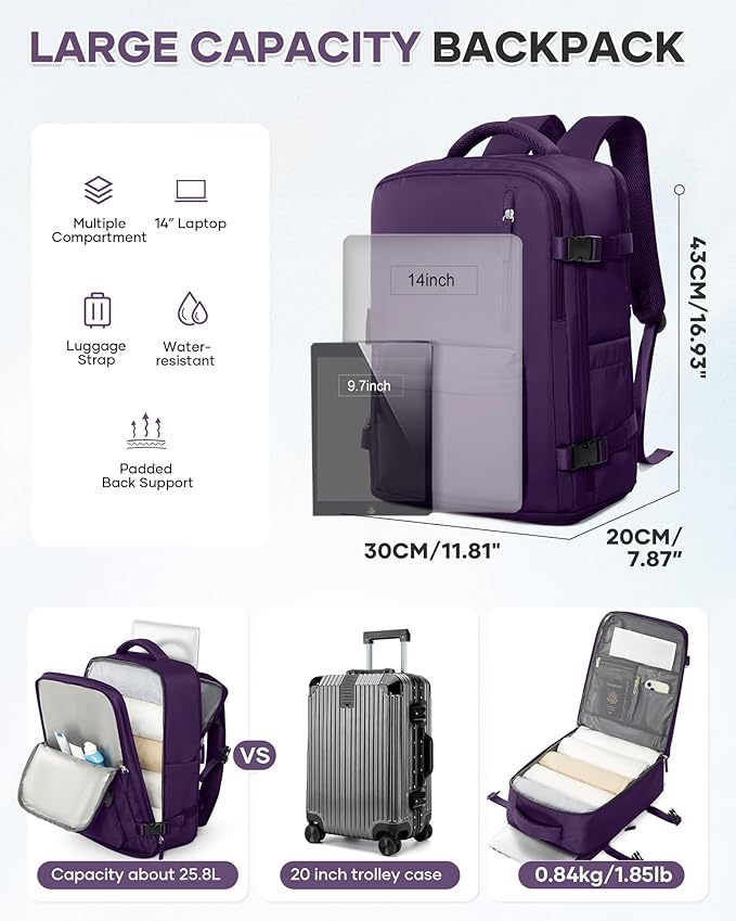 WONHOX Large Travel Backpack Women,Carry On Laptop Backpack Flight Approved,Mochila De Viaje Men Hiking Waterproof Rucksack Casual Daypack with Shoes Compartment,Personal Item Travel Bag Dark Purple