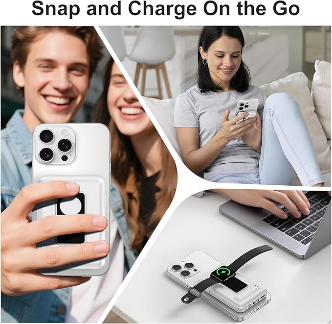 Magnetic Portable Charger, 10000mAh Wireless Power Bank for iPhone with Built-in Cables, 20W Fast Charging for Magsafe Battery Pack with Stand for iPhone Air/17/16/15/14/13/12 and Apple Watch