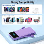 Portable Charger for iPhone,13800mAh Slim Power Bank with Built-in Cables & AC Wall Plug,All in One 4 Outputs USB C Fast Charging Battery Pack for iPhone 17/16/15/14,Android,Travel Essential (Purple)