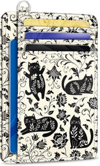 Yonlevres Card Holder Small Wallet Women, Black Cat Flowers RFID Blocking Slim Cute Credit Card Wallet, Front Pocket Travel Thin ID Window PU Leather Mini Organizer Case Purse Gifts Woman Girls Ladies