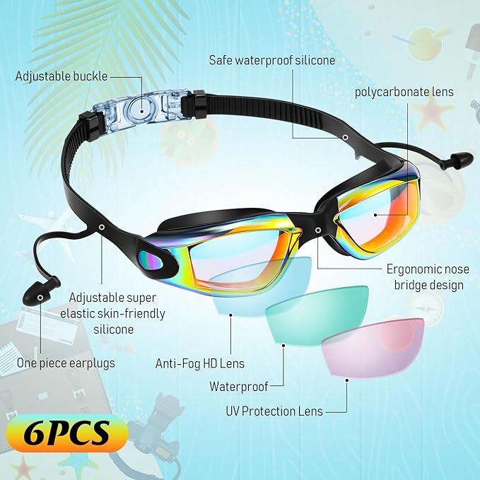 Flutesan 6 Pack Swim Goggles for Adult Anti Fog Swimming Glasses with Ear Plugs Nose Clip No Leaking Full Protection Goggles