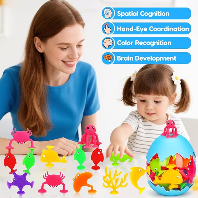Toddler Suction Cup Bath Toys, Ocean Animal Bath Water Toys for Kids Ages 3-5 4-8 No Hole Mold Free Bathtub Car Airplane Window Toys Travel Trip Essentials for 3 4 5 Year Old Boy Girl Birthday Gift