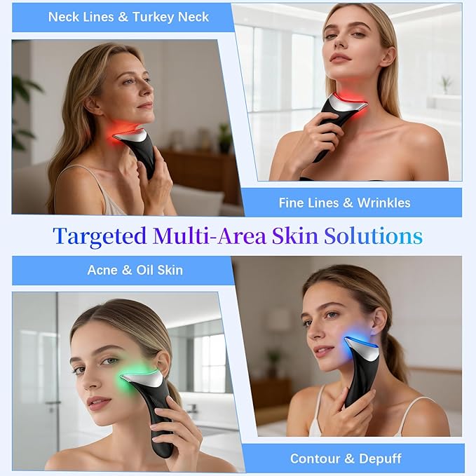 Face Neck Beauty Device, 7-Color Led Light Therapy Face Neck Massager, Multifunctional Vibration & Heat Facial Skin Care Tool, Ideal for Home Travel Skin Care, Black
