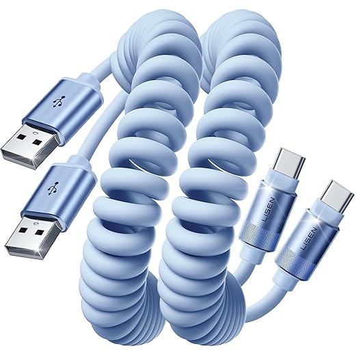 LISEN Coiled USB C Cable, 2 Pack for Android Auto & CarPlay Cable, Short USB A to USB C Cable Compatible with iPhone 17/16/15, Samsung Galaxy S25/S24/S23 A15/A14, Google Pixel 9/8, Blue 4FT