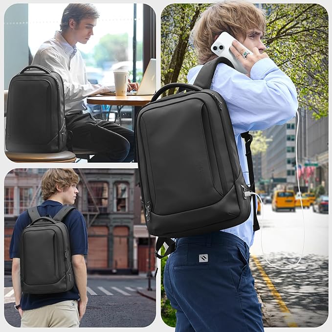 hk Laptop Backpack for Men with USB Charging Port Water-Resistant for 15.6 Inch Computer Bag Durable High-Tech Daypack Casual Backpack for Business Work College Weekender Travel-Black