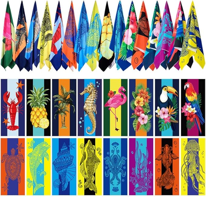 Redbaker 16 Packs 59 x 28 inches Oversized Hawaiian Beach Towel Bulk Extra Large Pool Towels Set Microfiber Quick Dry Swim Towel Blanket for Women Men Adult Bath Travel(Bright Colors)