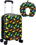 2Pcs Kids Suitcase Set, 16.5" Hardside Boys Travel Luggage with Spinner Wheels, Dinosaur Carry on Rolling Luggage Airline Approved (Black)