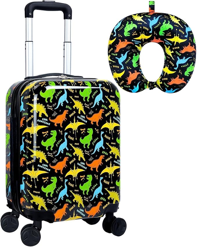 2Pcs Kids Suitcase Set, 16.5" Hardside Boys Travel Luggage with Spinner Wheels, Dinosaur Carry on Rolling Luggage Airline Approved (Black)