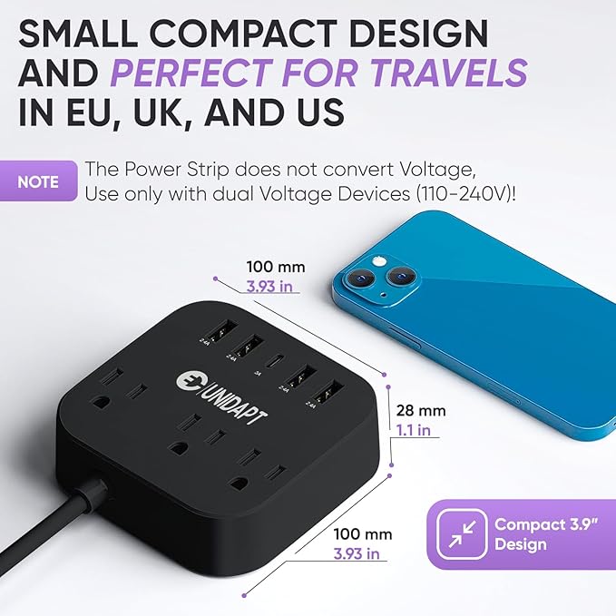 European Plug Adapter, Unidapt US to UK Europe Power Strip for EU/UK/US with USB C and 4 USB Ports, 3 AC Outlets, Wall Mountable, 5ft Extension Cord, for Travel Cruise Ship Home (Black)