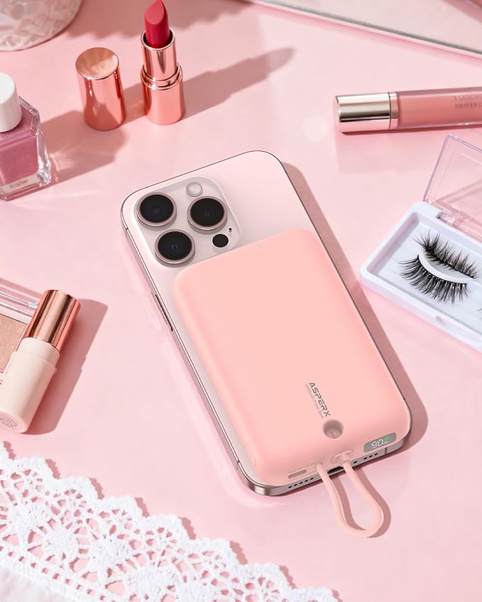 AsperX Wireless Portable Charger, 10000mAh Magnetic Power Bank with Type-C Cable, 22.5W PD Fast Charging Output Portable Battery Pack for iPhone 17/16/15/14/13/12/ All Series, Pink