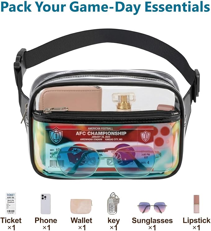 Veckle Holographic Fanny Pack for Women - Plus Size 35-51 Inch Iridescent Clear Belt Bag, Adjustable Crossbody Waist Bag for Concert, Festivals, Raves, Theme Parks, Black
