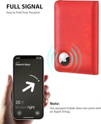 Stouchi AirTag Passport Holder, Simple Passport Holder with Airtag Slot, RFID Passport Wallet Cover for Women, Family Leather Passport Protector Case, Anti-Lost Travel Accessories, Red