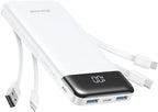 Charmast Portable Charger with Built in Cables, Power Bank with Cords Wires, Slim 10000mAh Travel Battery Pack 6 Outputs 3 Inputs 3A Fast Charging for Samsung Google Pixel LG Moto iPhone iPad