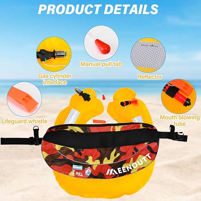 Automatic Inflatable Belt Pack Water Sports Jacket Waist Belt PFD for SUP Paddleboarding Fishing Boating Kayaking（fit 80-330 lbs） (Red camouflage)