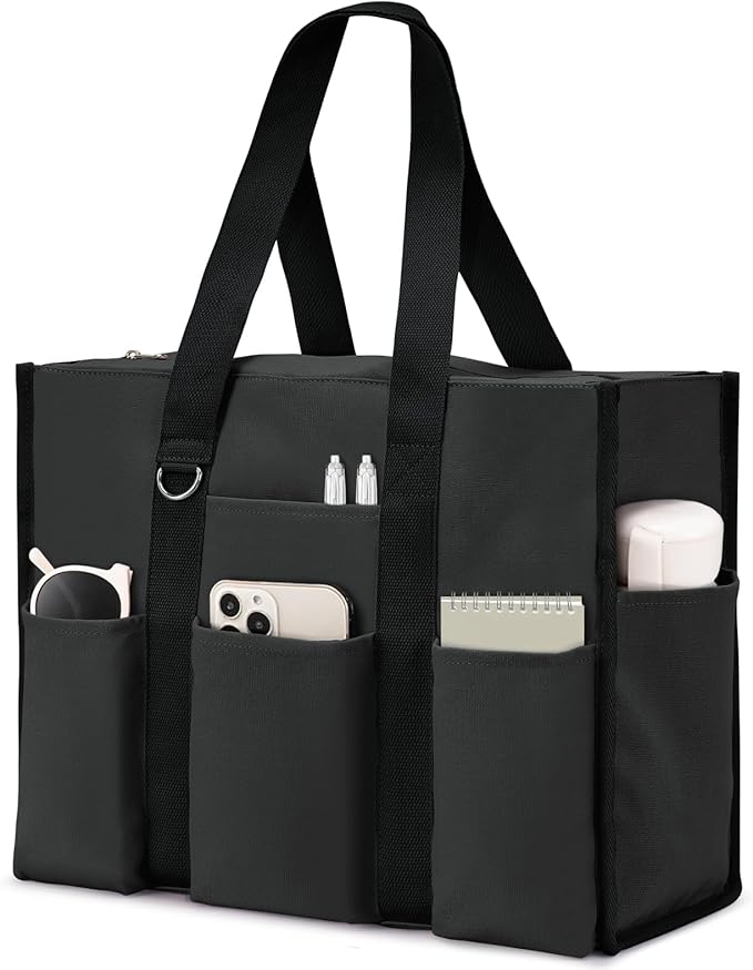 Becokan Large Tote Bag for Women Waterproof with 12 Pockets Top Zipper Closure Utility Teacher Nurse Bags for Work School