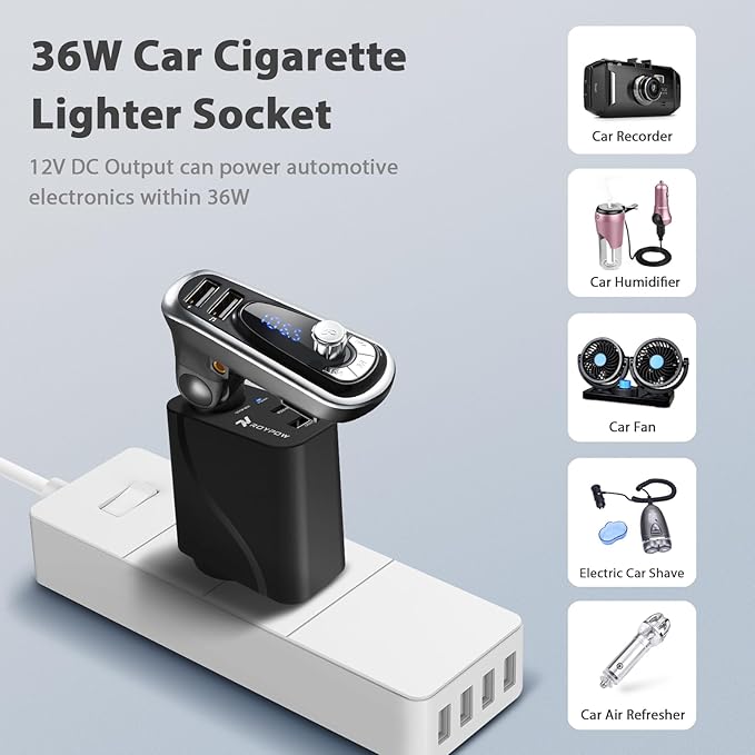 RoyPow AC to DC Converter, 110V/120V to12V Converter, 36W USB C Charger with Car Cigarette Lighter Socket, 3-Ports Wall Charger 18W PD3.0 Travel Plug 110V/120V to 12V/3A Power Adapter for iPhone, iPad