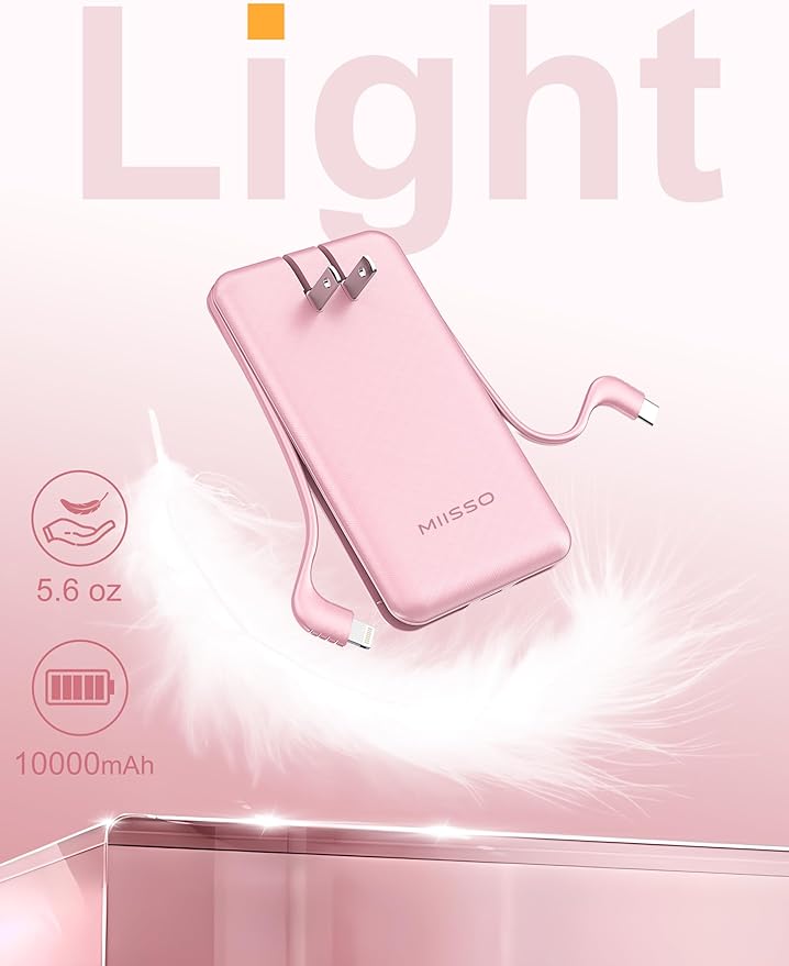 miisso Ultra Slim 10000mAh Power Bank Built-in Cables and Foldable AC Wall Plug, Pocket Size USB C Portable Charger, External Battery Pack Compatible with iPhone Samsung, Pink
