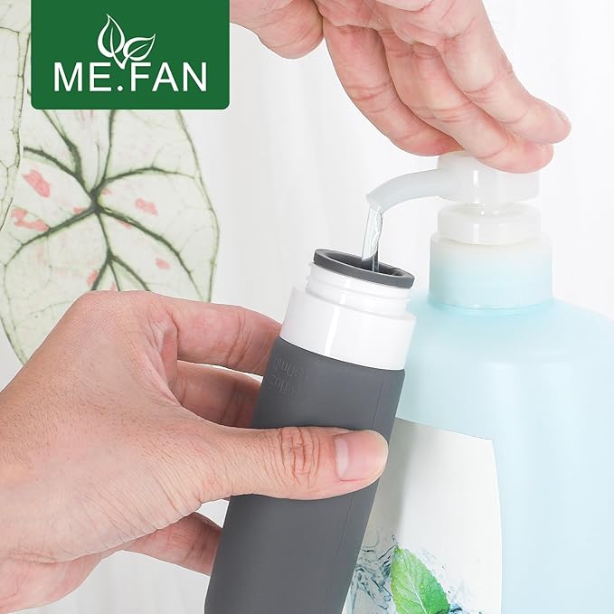 ME.FAN Travel Bottles for Toiletries, TSA Approved 3oz Travel Size Containers, Silicone Squeezable Portable Split Bottle, Travel Accessories for Conditioner, Shampoo, Lotion- 4 Pack Black/White