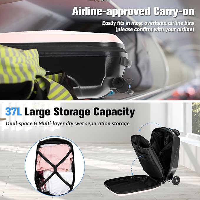 Scooter Luggage For Kids & Adults， Hardside Ride On Suitcase For Kids Ages 4-15 Multifunctional Lightweight Foldable Carry On Luggage With Wheels Ride On For Children Teenagers (Light Pink, 20")