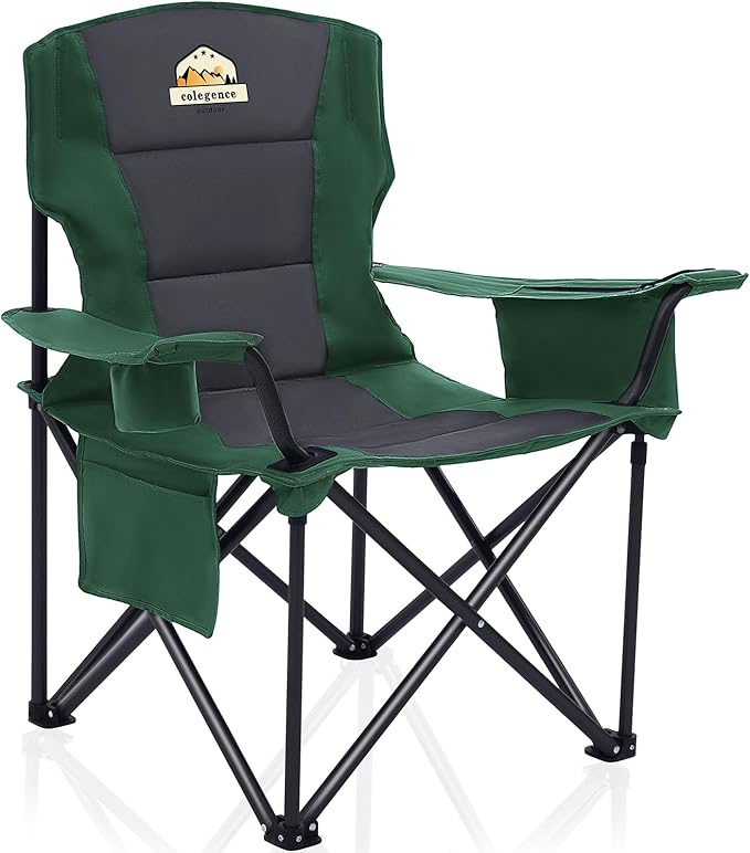 Colegence Oversized Folding Camping Chairs - 450 LBS Support Heavy Duty Camp Chair with Padded Cushion, Portable Outside Chairs with Carry Bag，Cooler, Cup Holder for Outdoor, Lawn, Sports - Green