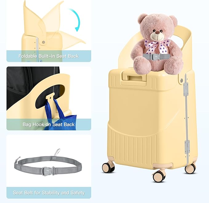 advwin 20" Carry-On Luggage with Seat for Kids & Adults, Lightweight Hardside Ride-On Suitcase with Front Opening, TSA Lock, 360° Spinner Wheels (Yellow, 20-inch)