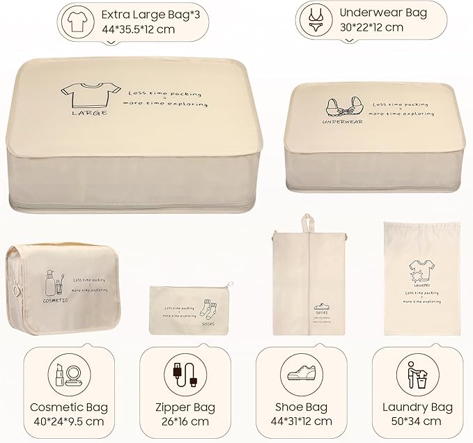 8 Set Travel Packing Organizers- Luggage Organizer for Suitcase Organization with Hanging Toiletry, Shoe & Laundry Bags, Packing Cubes for Travel Essentials, Cute Gifts for Women, Beige