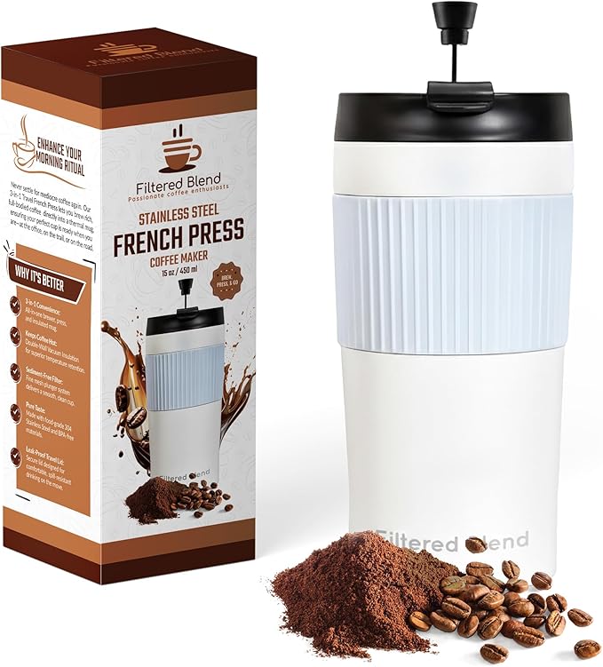 15oz Double Wall Stainless Steel Insulated French Press Coffee and Tea Maker - Portable Camping Tea, Coffee Mug and Tumbler (White)