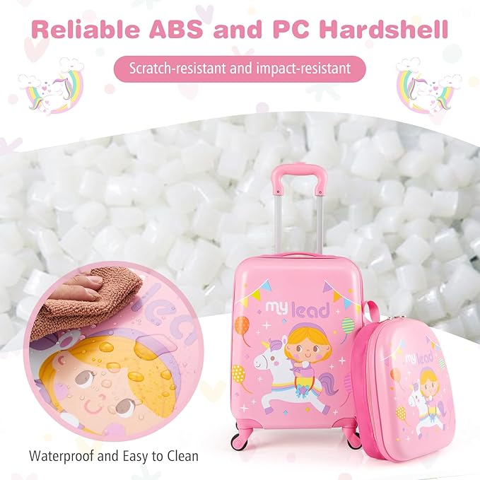 BABY JOY 2 PCS Kids Luggage, 16” Carry-on Hardshell Suitcase with Wheels & Hardside Backpack for Boys Girls, Airline-Approved Toddler Travel Luggage Set (Pink Pony)