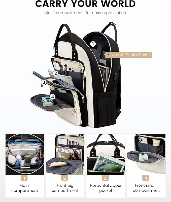 LOVEVOOK Laptop Backpack, Unisex, D-black-beige, 19 x 13.3 x 7.9 in, 1.9 lbs, 30L capacity, 18 pockets, ergonomic shoulder straps, thick EVA foam laptop protection