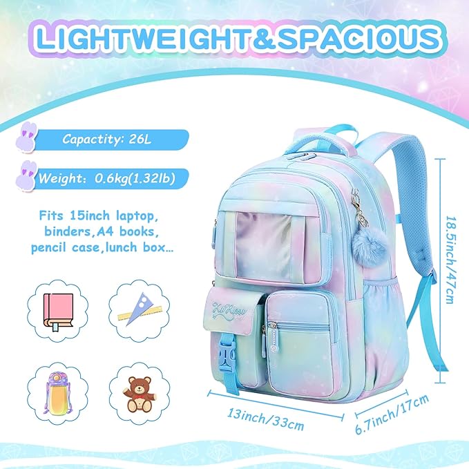 PIG PIG GIRL Kids Backpack for Girls - School Bags for Middle School Students - Book Bag for Elementary Primary - Blue