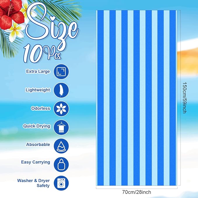 EBOOT 10 Pack Oversized Beach Towel Set Extra Large Pool Towels Microfiber Quick Dry Swim Blanket for Adult Women Men Face Hand Body Bath Travel Pool(Mixed Color,36 x 72 Inch,Fresh Stripe)