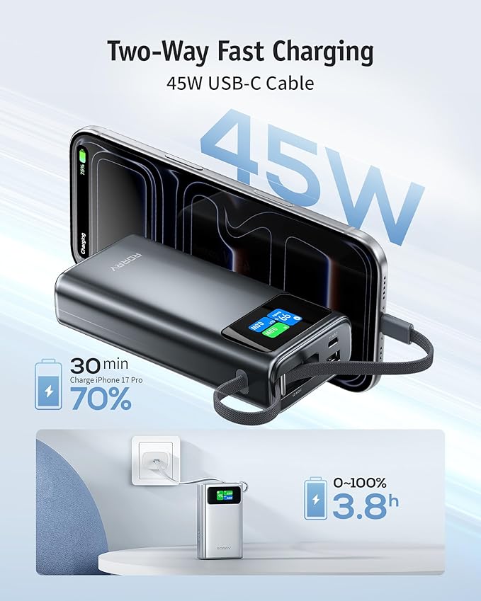 RORRY 45W Portable Charger, 20000mAh Power Bank Fast Charging with Extended Built-in USB C Cable, Travel Battery Pack for iPhone 17/16/15, Samsung Galaxy, Google, iPad, MacBook, Sliver