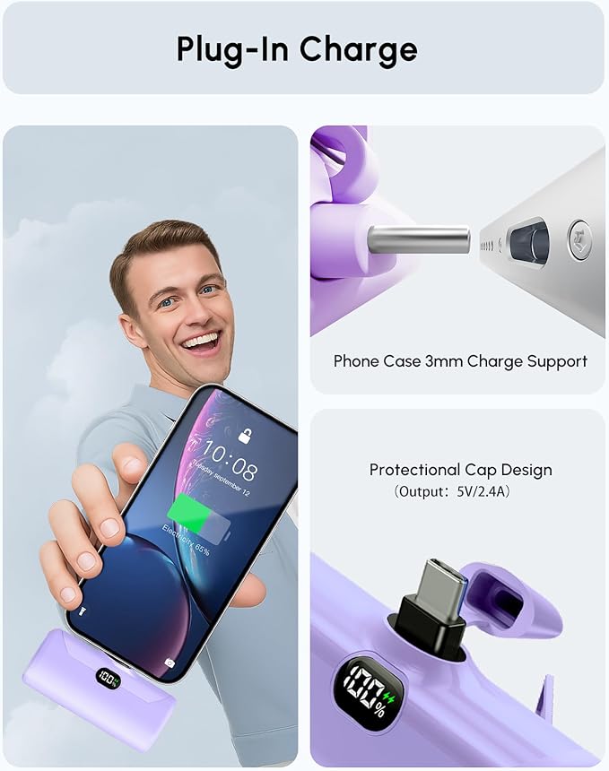 Handy Purple USB C Power Bank Portable Phone Charger With Stand, 5000mah Mini Battery Pack Backup Charger with Digital Display for iPhone 17/16/15 series, Littile Mobile Charger for Samsung/Google/LG