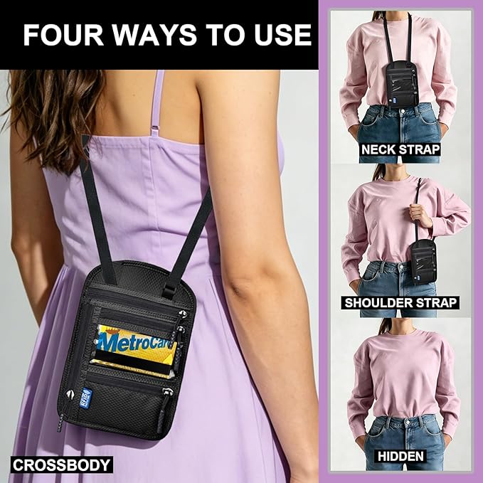 Neck Wallet with RFID Blocking - Hidden Travel Passport Holder Pouch | Concealed Under Clothing, Anti-Theft Security | Adjustable & Lightweight for Vacation, Airports