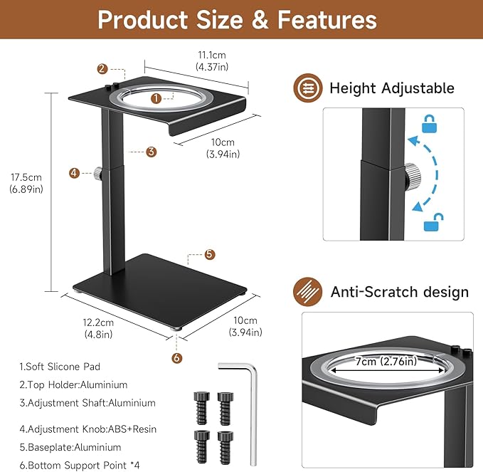 Portable Coffee Maker Stand,Adjustable-height Pour Over Dripper Stand with Base,Espresso Machine Holder for Home,Desk,Travel,Camping( Square/Black)